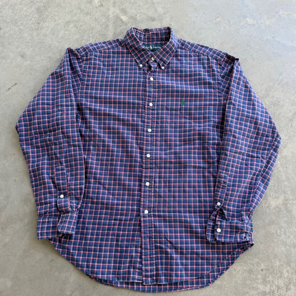 Vintage Ralph Lauren Classic Fit Plaid Button Down Shirt Navy Red Large 90s - Picture 2 of 5